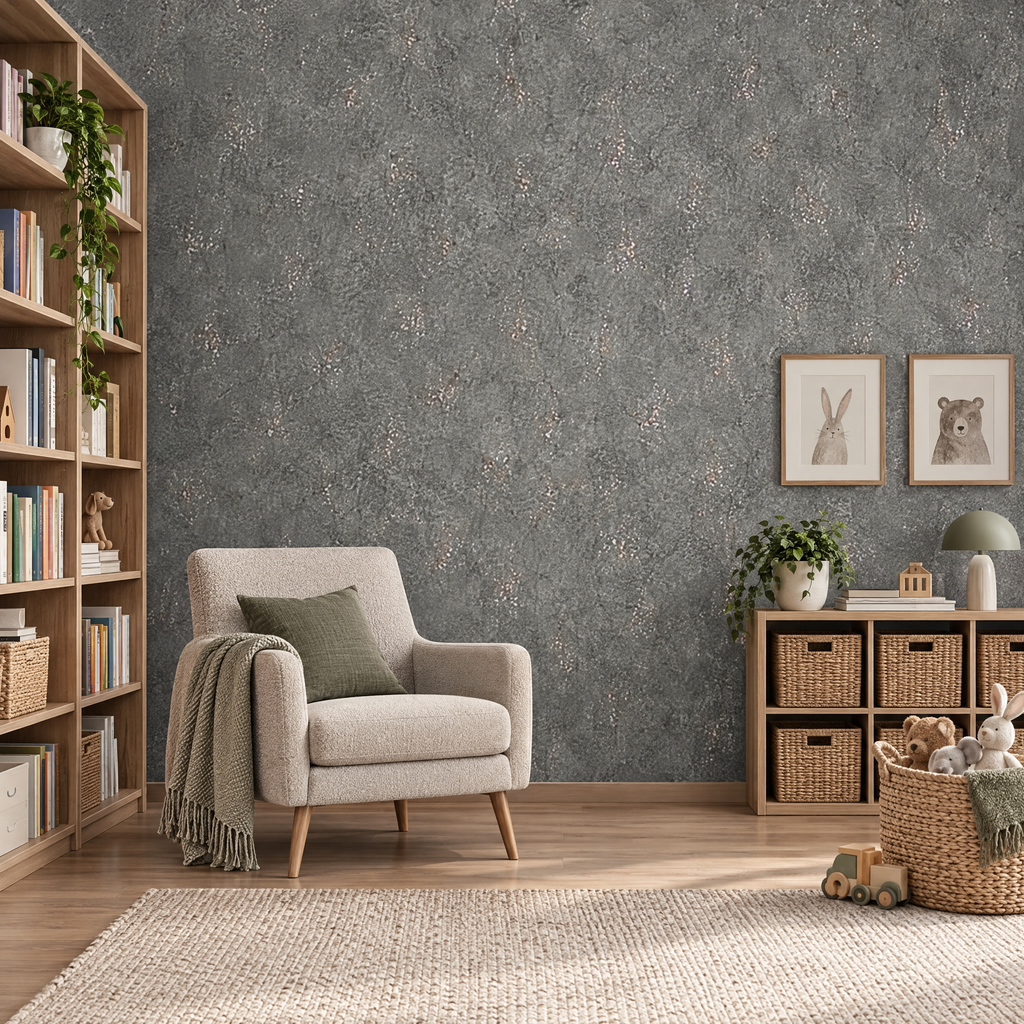 Papier peint effet béton gris moyen dans une salle de lecture et de jeux