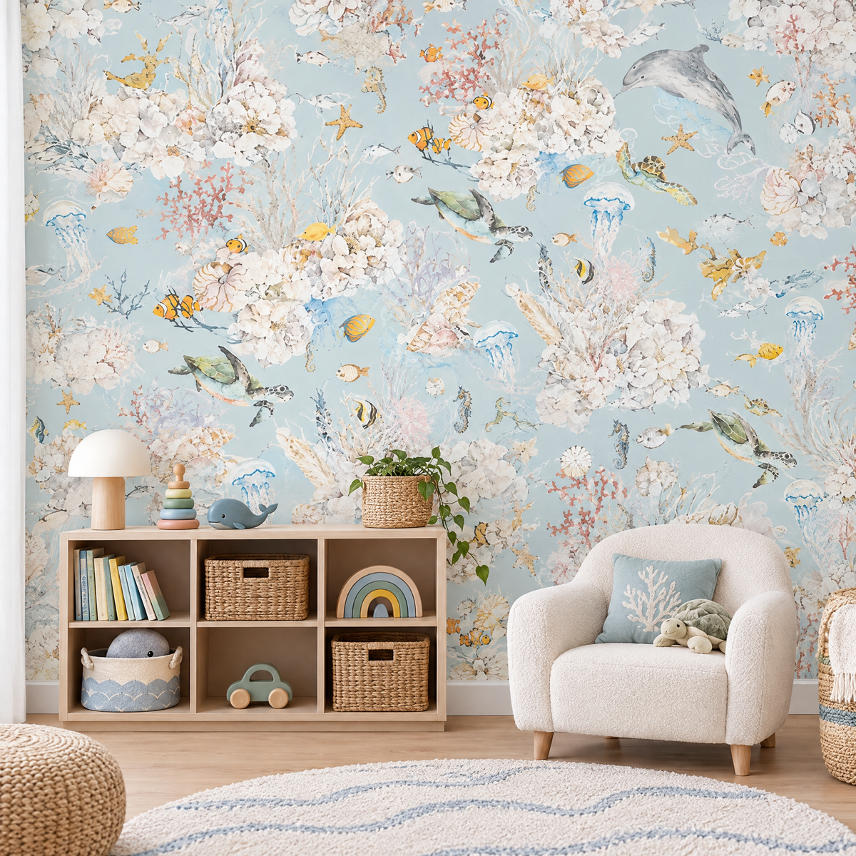 Papier peint monde marin bleu pastel dans une salle de jeux