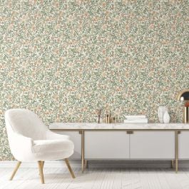 Papier peint floral vert sauge et pêche sur fond blanc