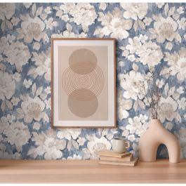 Papier peint motif floral aquarelle bleu et beige