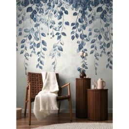 Papier peint motif botanique bleu et beige
