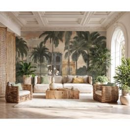Papier peint motif tropical beige et gris